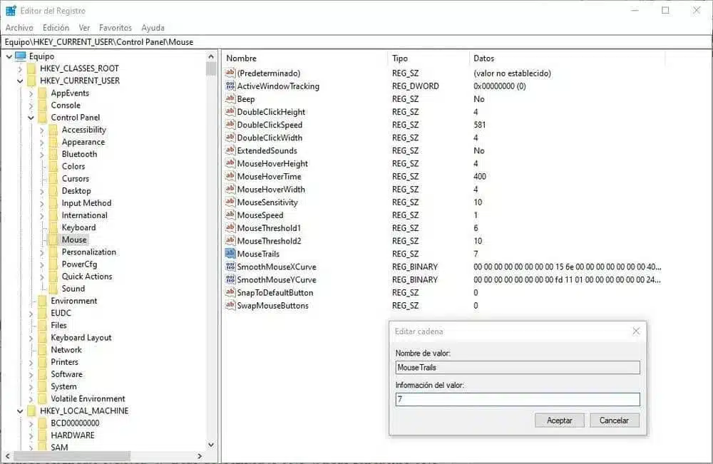 Activar cola de ratón en Windows desde registro
