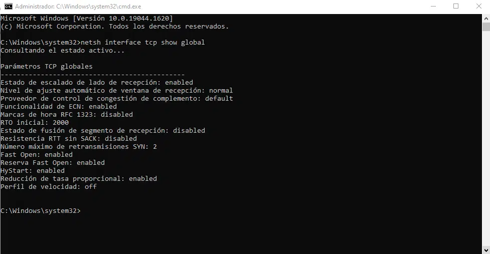 netsh interface tcp show global