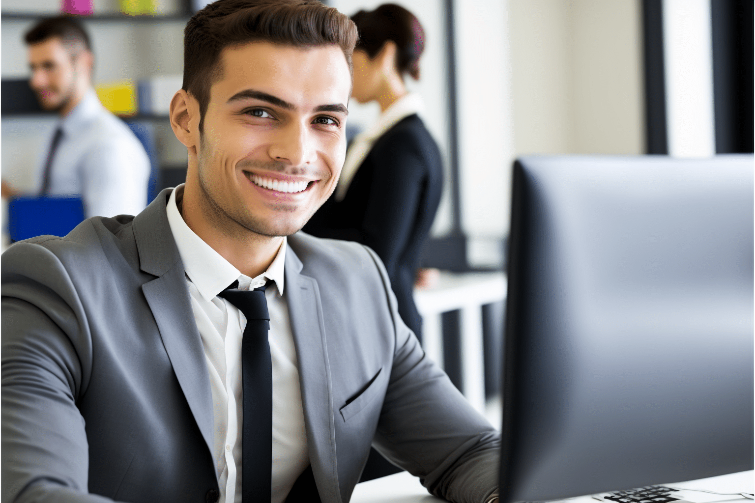young friendly businessman smilling laptop modern ceo it services