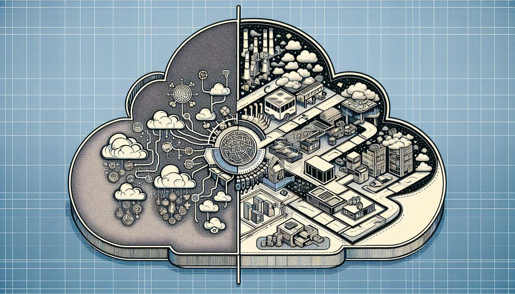 Nube con diseño de ciudad y elementos tecnológicos.
