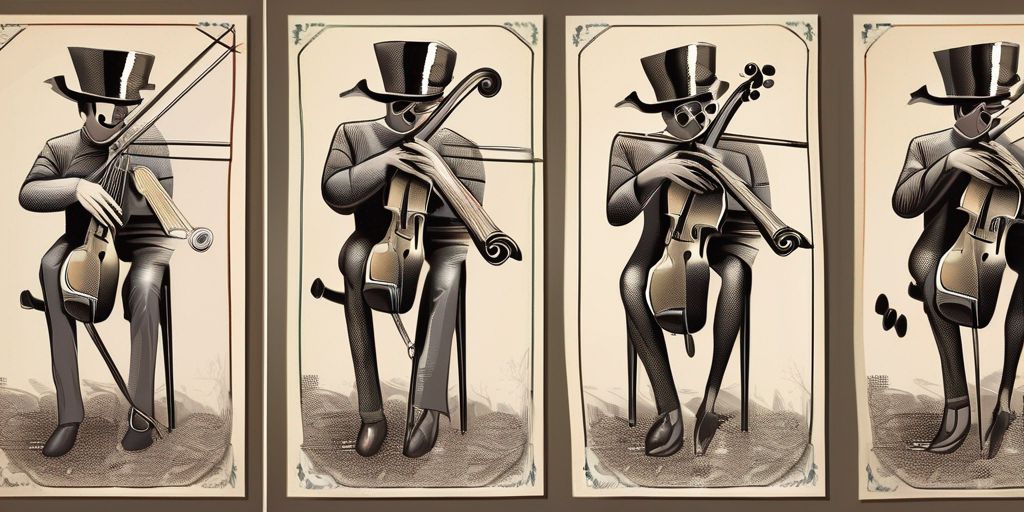 Cuatro caricaturas tocando violines estilo vintage.