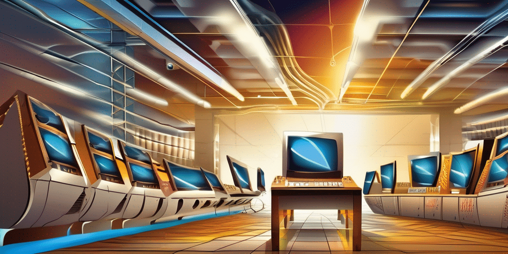 Sala de computadoras estilo retro futurista.