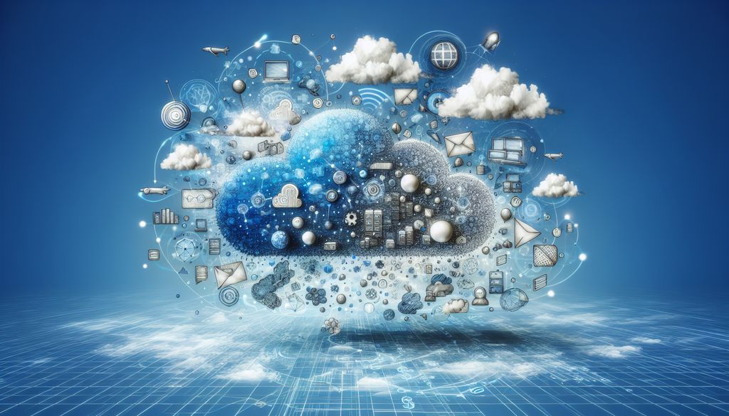 Nube tecnológica y elementos digitales flotantes.