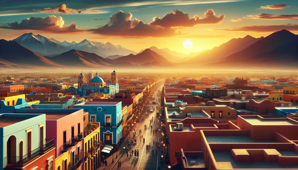Atardecer pintoresco en ciudad colonial mexicana con montañas.