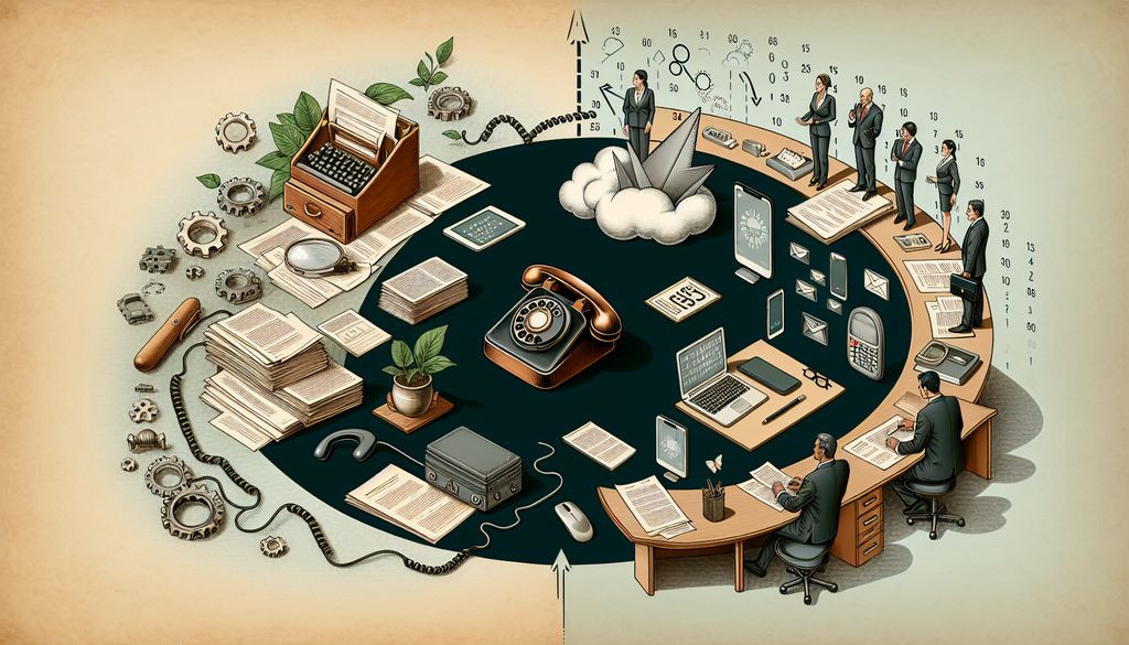 Ilustración de evolución tecnológica en oficina.