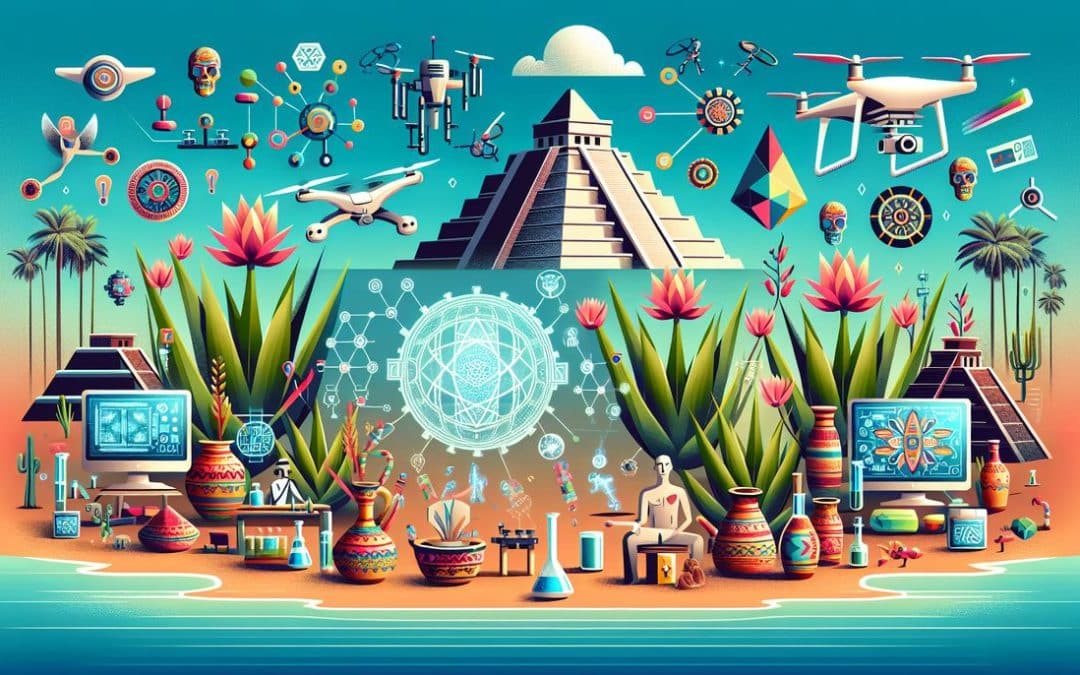 Ilustración futurista con pirámide y tecnología azteca.