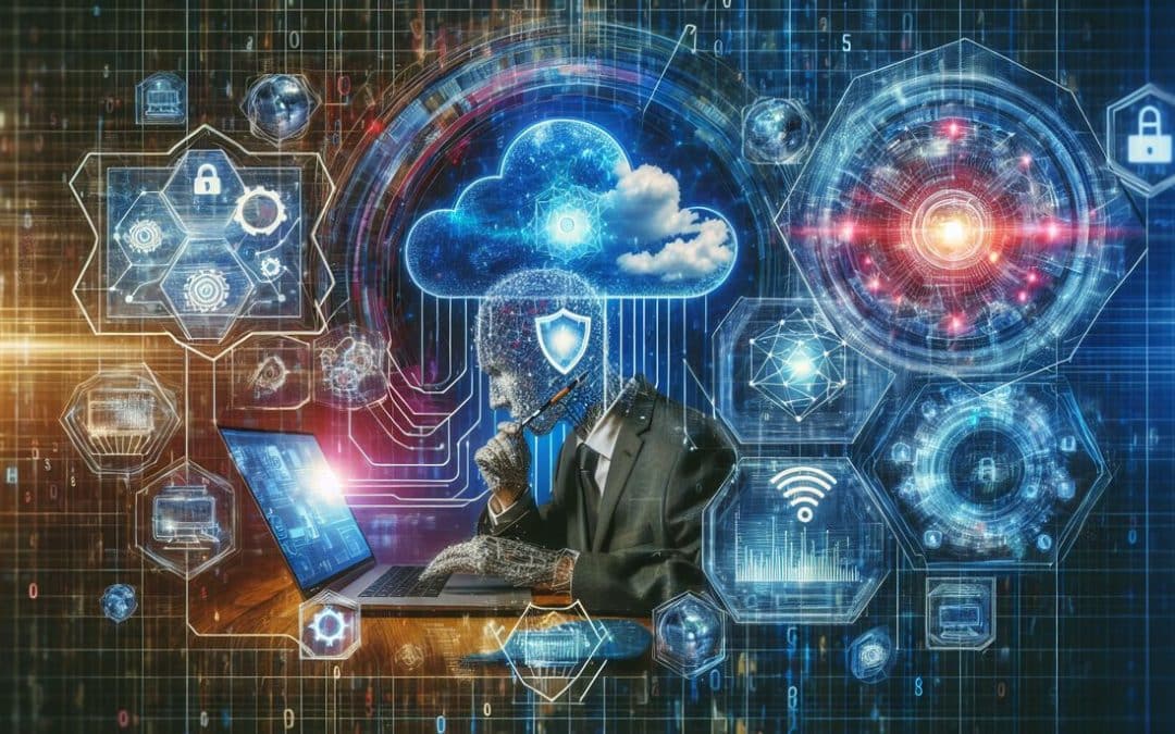 Cyberseguridad, tecnología y nube, hombre con interfaz futurista.
