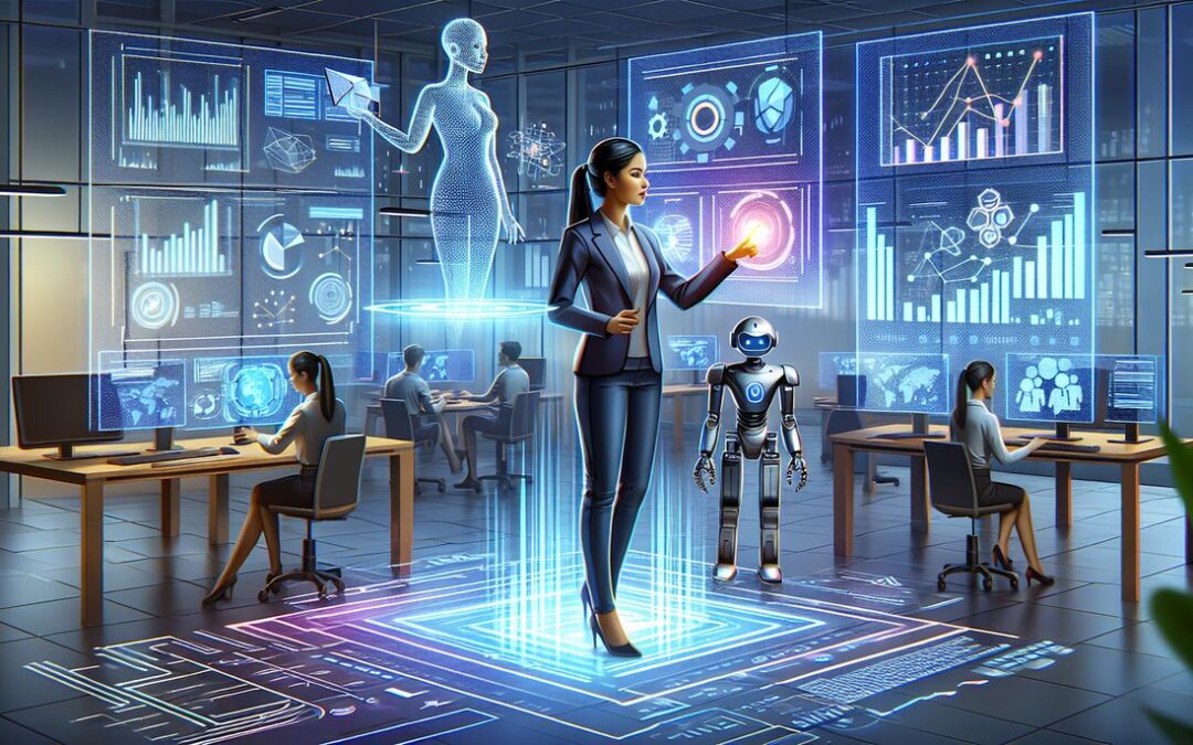 Centro de comando tecnológico futurista con hologramas y robot.