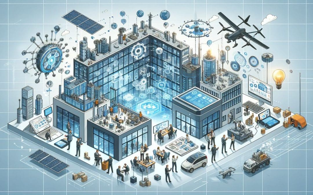 Ilustración de ciudad tecnológica futurista avanzada.