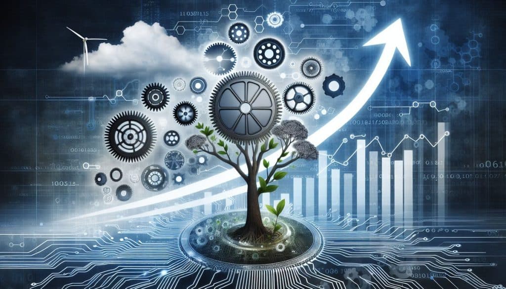 Crecimiento tecnológico y sostenibilidad representados por árbol.