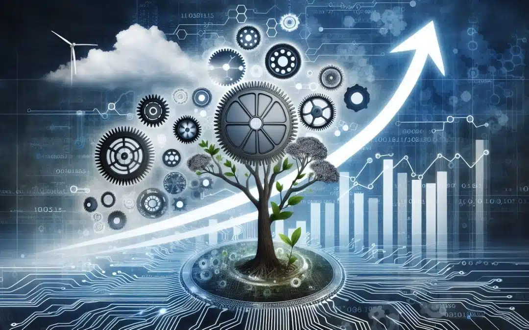 Crecimiento tecnológico y sostenibilidad representados por árbol.