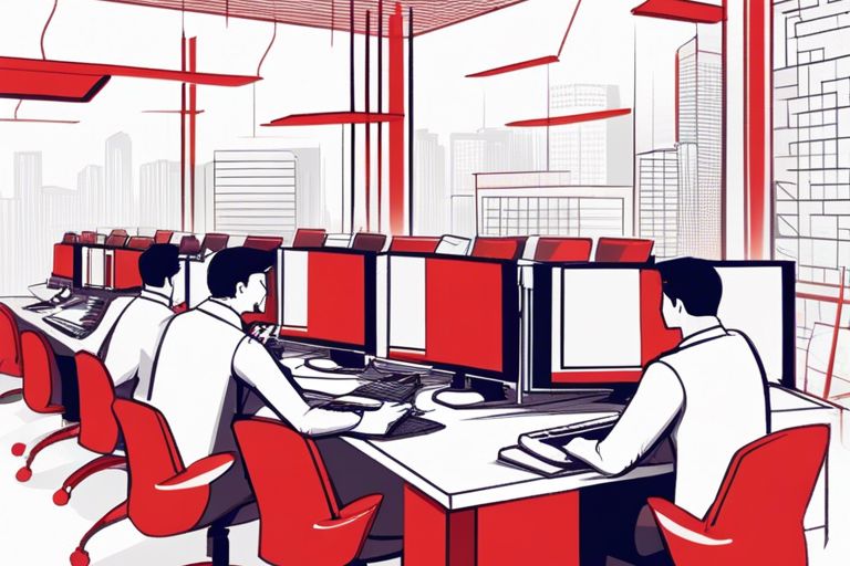 Oficina moderna con empleados trabajando en computadoras, estilo ilustración.
