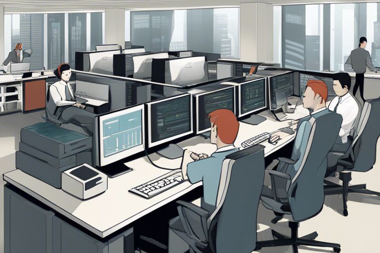 Oficina con empleados trabajando en computadoras.