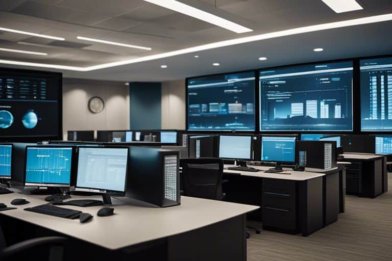 Centro de operaciones con múltiples monitores y gráficas.