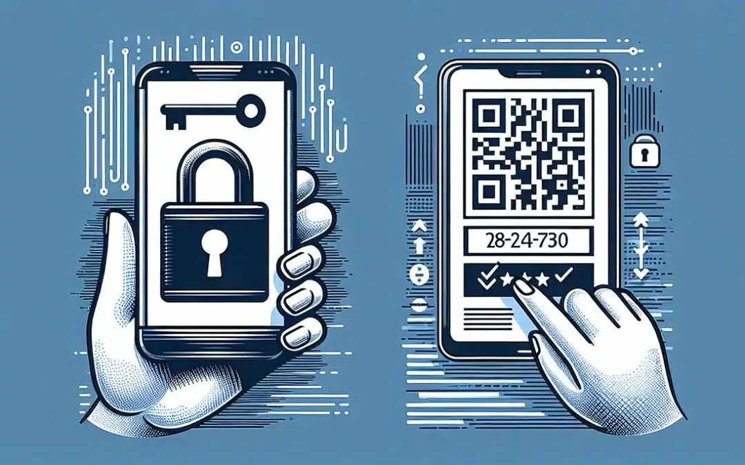 Manos interactuando con seguridad digital y código QR.