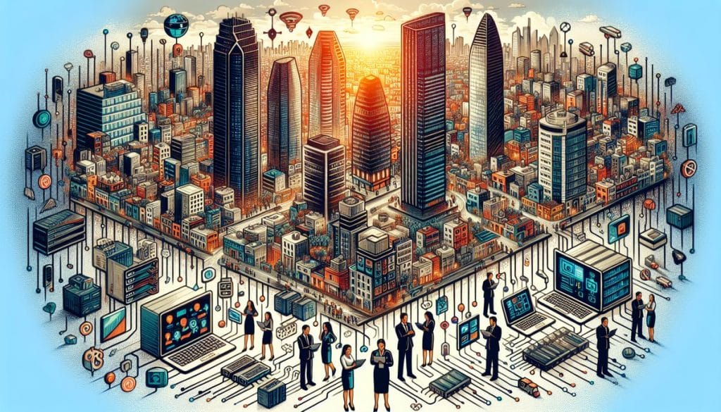 Ilustración futurista de ciudad conectada y tecnología avanzada.