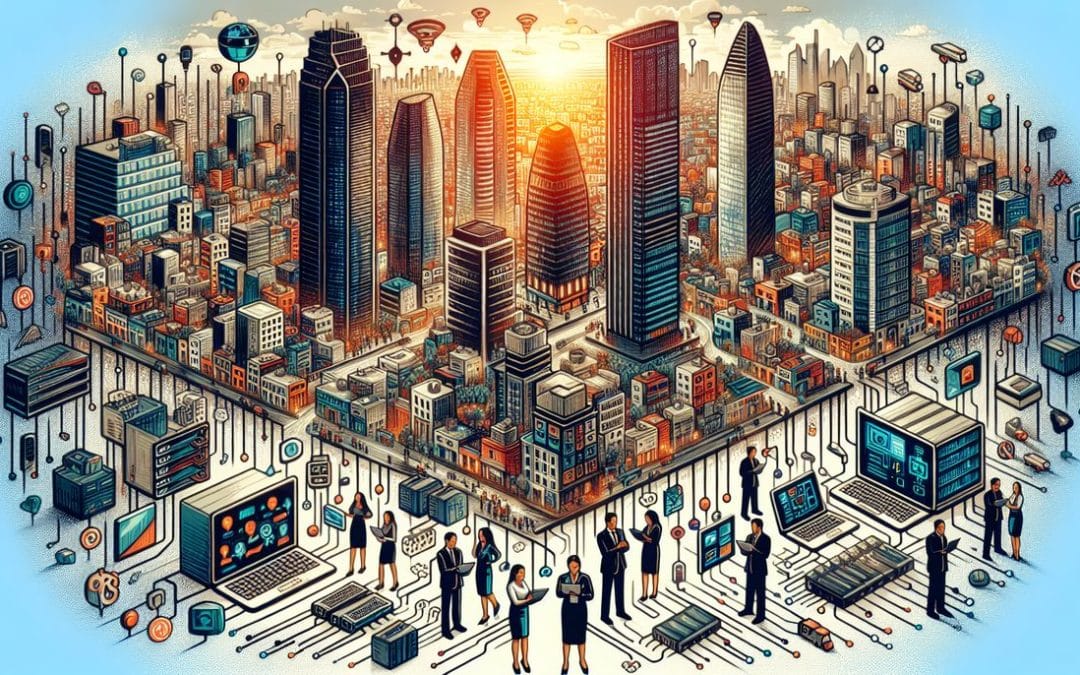 Ilustración futurista de ciudad conectada y tecnología avanzada.
