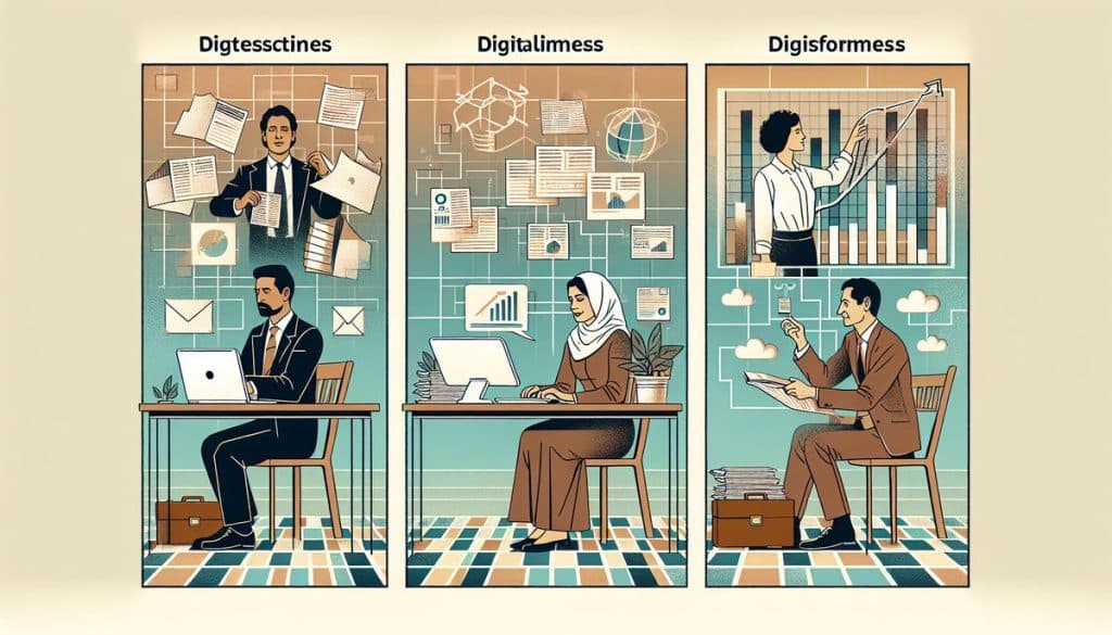 Profesionales trabajando en oficinas tecnológicas ilustradas.