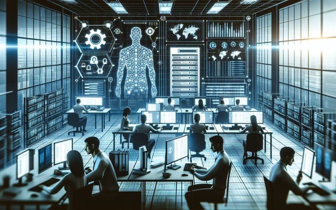 Centro de datos futurista con personal trabajando.