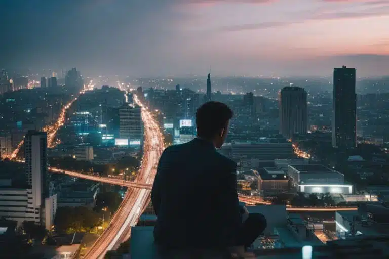 Hombre contemplando la ciudad iluminada al anochecer.