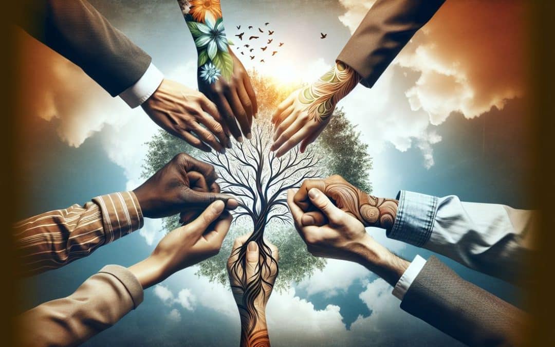 Manos unidas formando árbol, diversidad y colaboración.