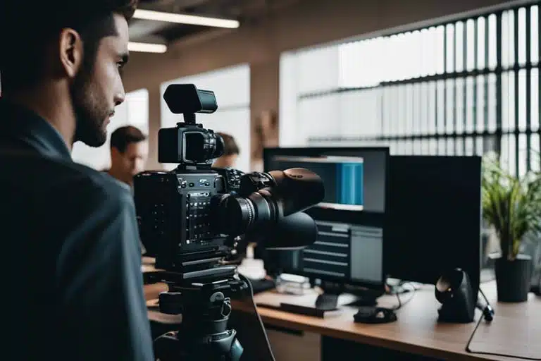 Cineasta filmando en oficina moderna.