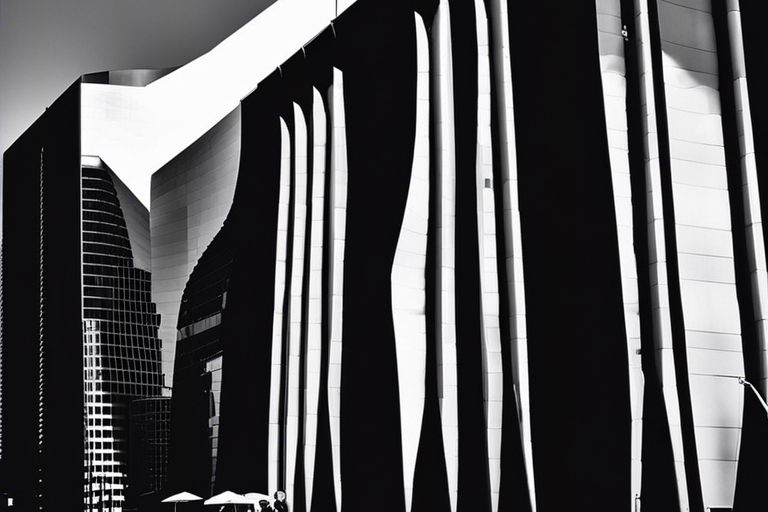Fotografía en blanco y negro de arquitectura moderna curva.