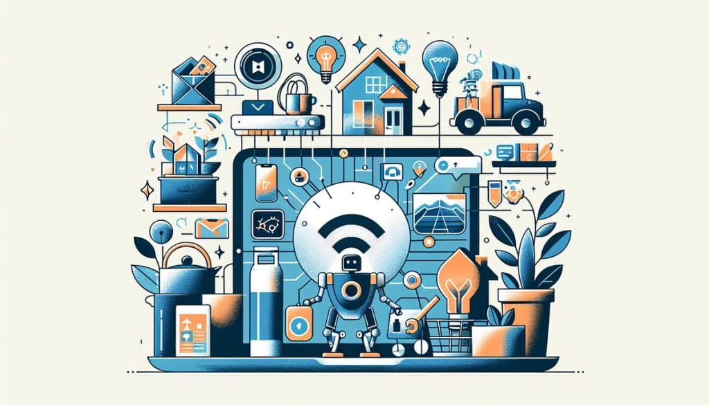 Ilustración de tecnología y hogar inteligente.