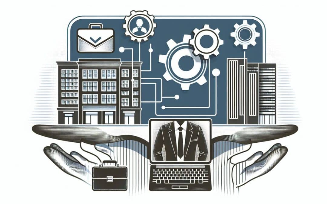 Ilustración de negocios, tecnología y gestión empresarial.