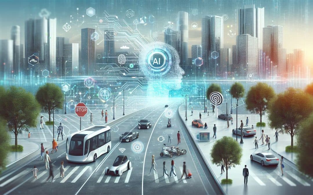 Ciudad futurista con inteligencia artificial y vehículos autónomos.
