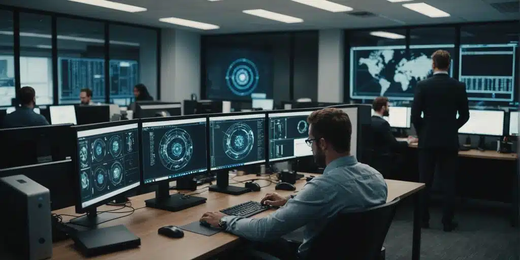 Modern office with employees working on computers, featuring cybersecurity icons like locks and shields.