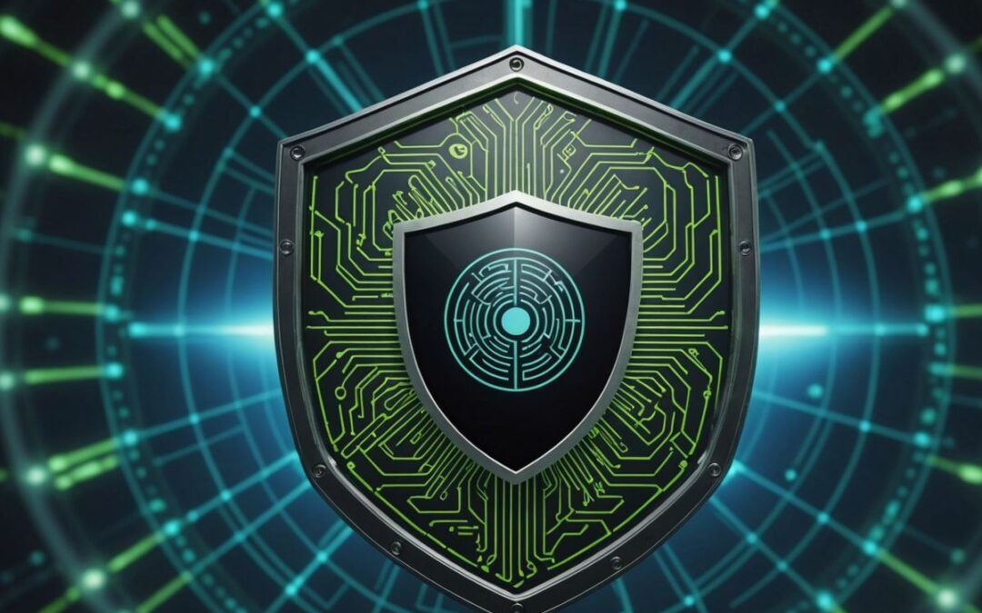 Digital shield with AI brain patterns, Trend Micro and Nvidia logos, symbolizing advanced cybersecurity.