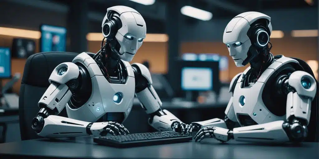 Colaboración entre robots y humanos en oficina moderna