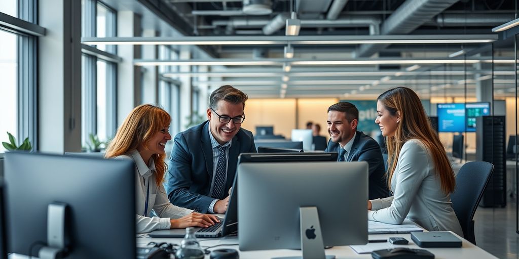 Equipo de TI trabajando en oficina moderna