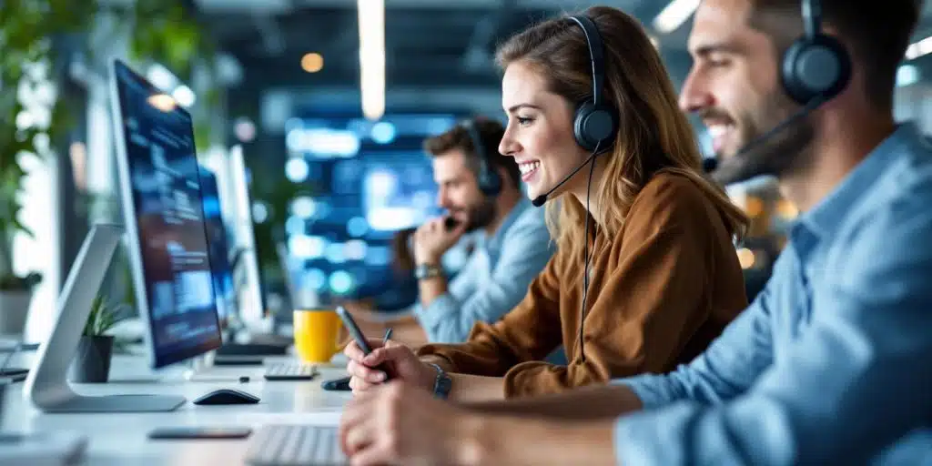 Ambiente de oficina moderno con tecnología de comunicación avanzada.