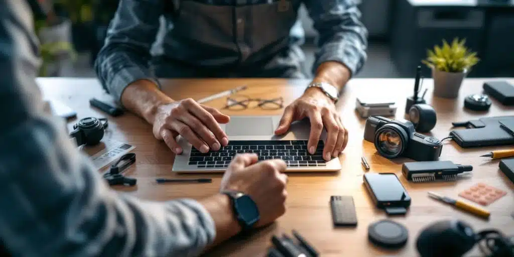 Técnico de soporte trabajando en una laptop con herramientas.