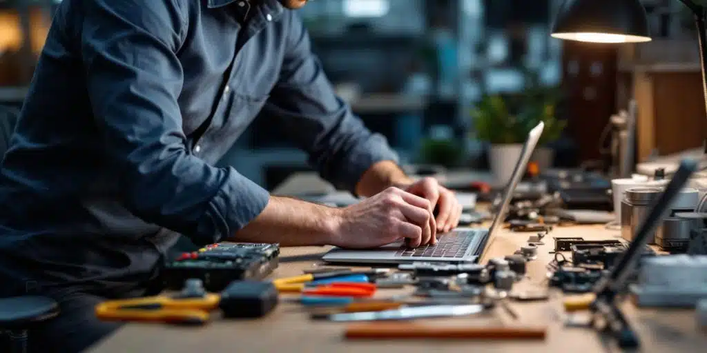 Técnico de IT reparando una computadora portátil.