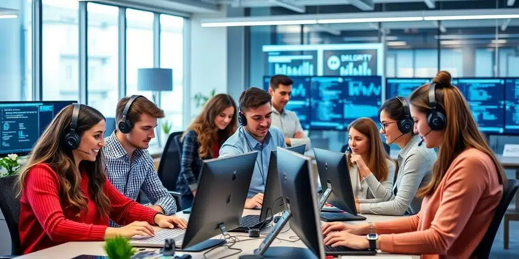 Equipo de soporte técnico colaborando en una oficina moderna.