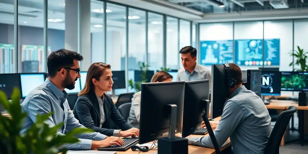 Profesionales de IT colaborando en una oficina moderna.