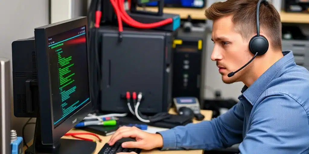 Técnico de TI trabajando en un ordenador con herramientas.