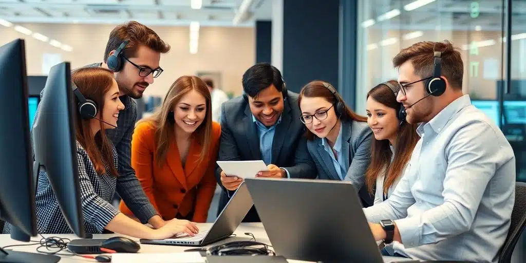 Equipo de soporte técnico colaborando en un entorno moderno.