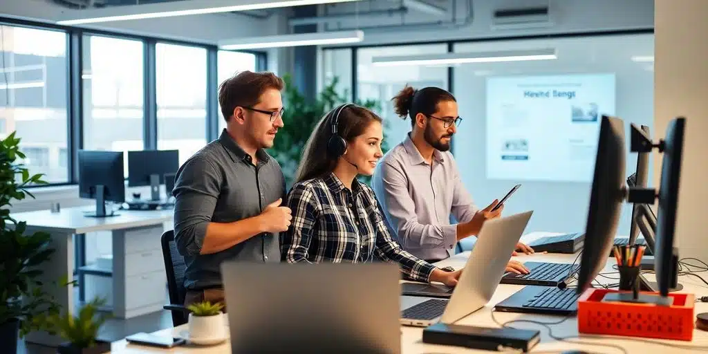 Profesionales de soporte técnico colaborando en una oficina moderna.