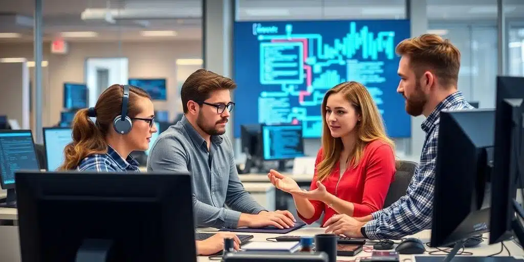 Equipo de soporte TI colaborando en una oficina moderna.