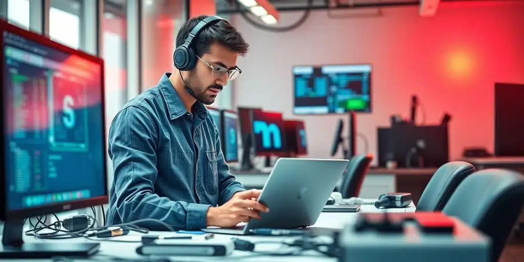 Técnico informático trabajando en una laptop moderna.