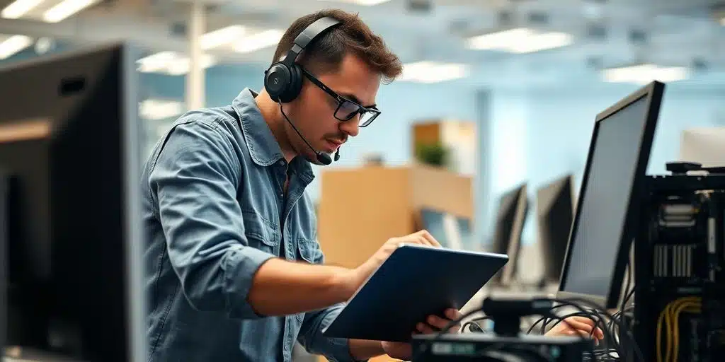 Técnico de soporte trabajando en una computadora en oficina.