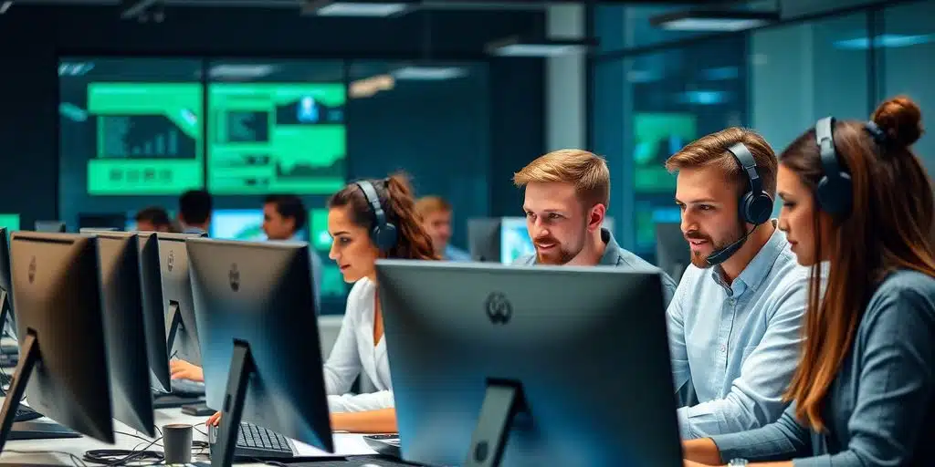 Equipo de soporte técnico trabajando en computadoras.